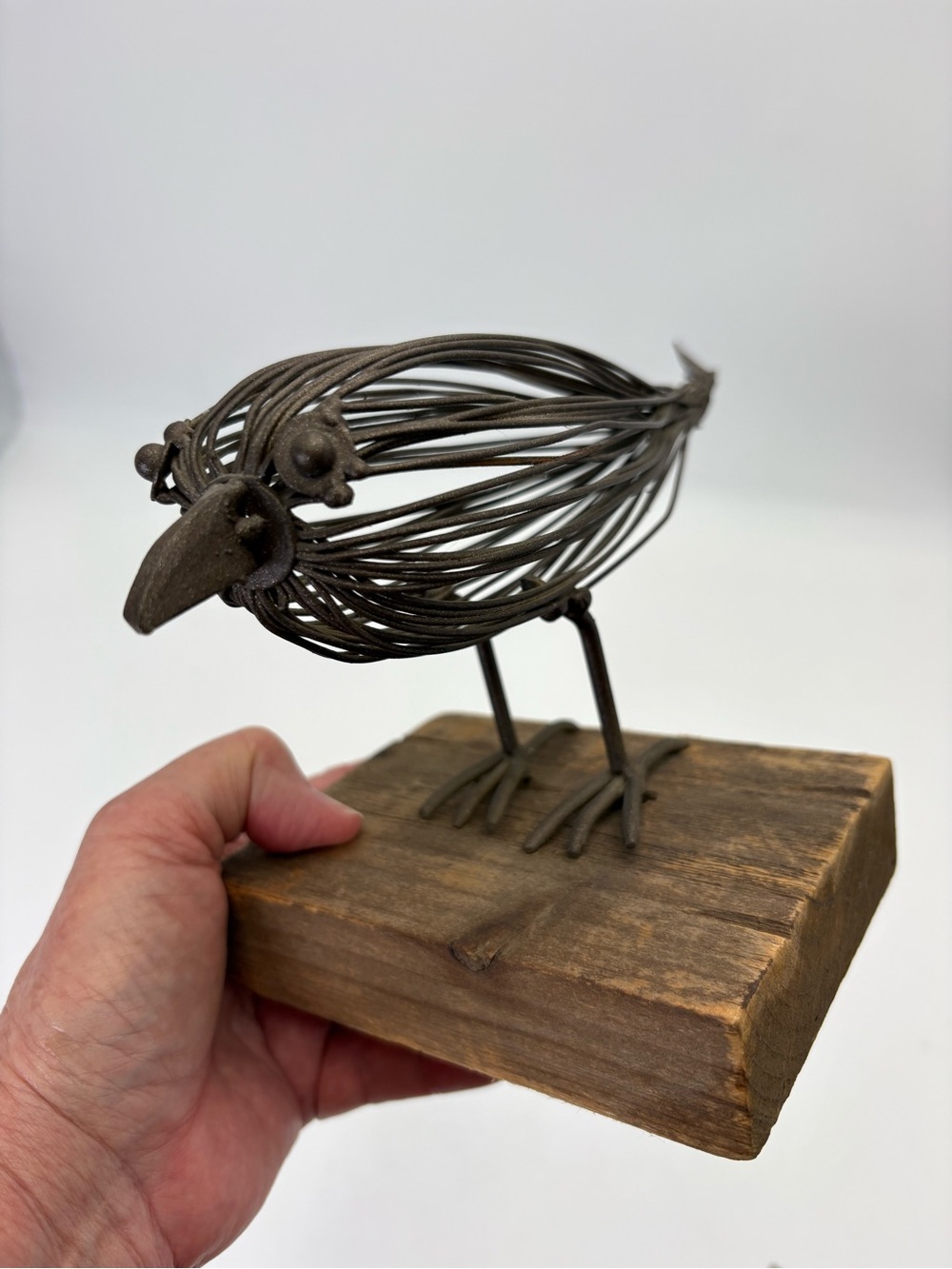 Rustic Handcrafted Metal Wire Bird Figurine on Wooden Base - Picture 2 of 13
